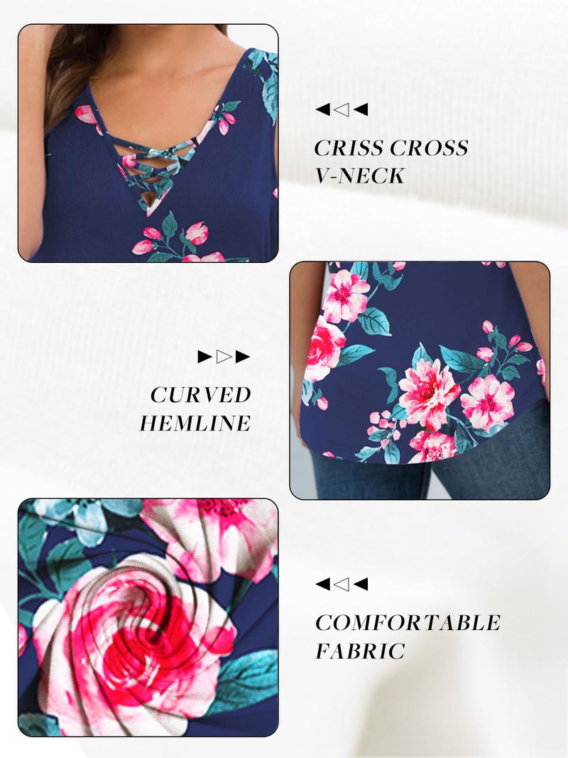 Feiersi Women's Sleeveless Criss Cross Print Casual Tank Tops Basic Blouse(Floral Navy Blue,XX-Large) - Image 4